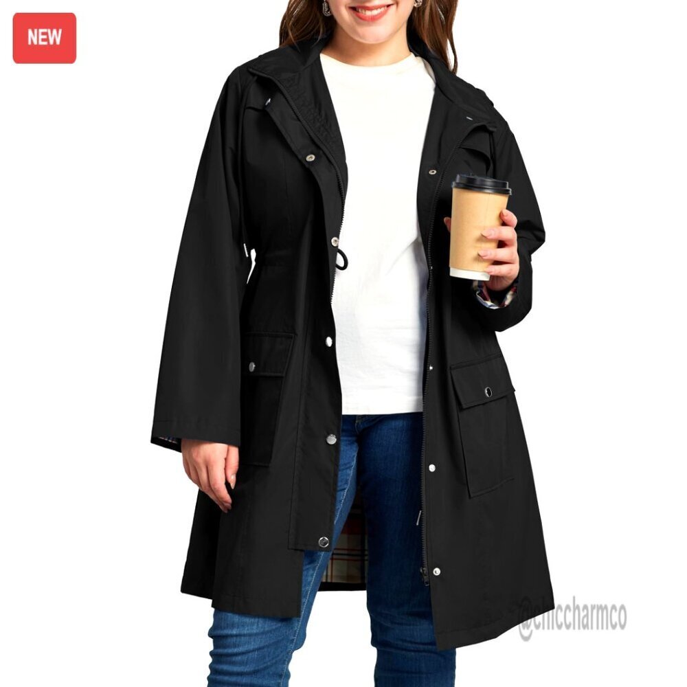 Plus Size Waterproof Rain Jacket Hooded Windbreaker Trench Coat with Pockets